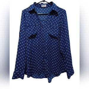 Express Navy Anchor Print Blouse Women's Large